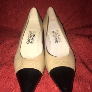 Salvatore Ferragamo tan leather and black pumps. Gently used. Size 8